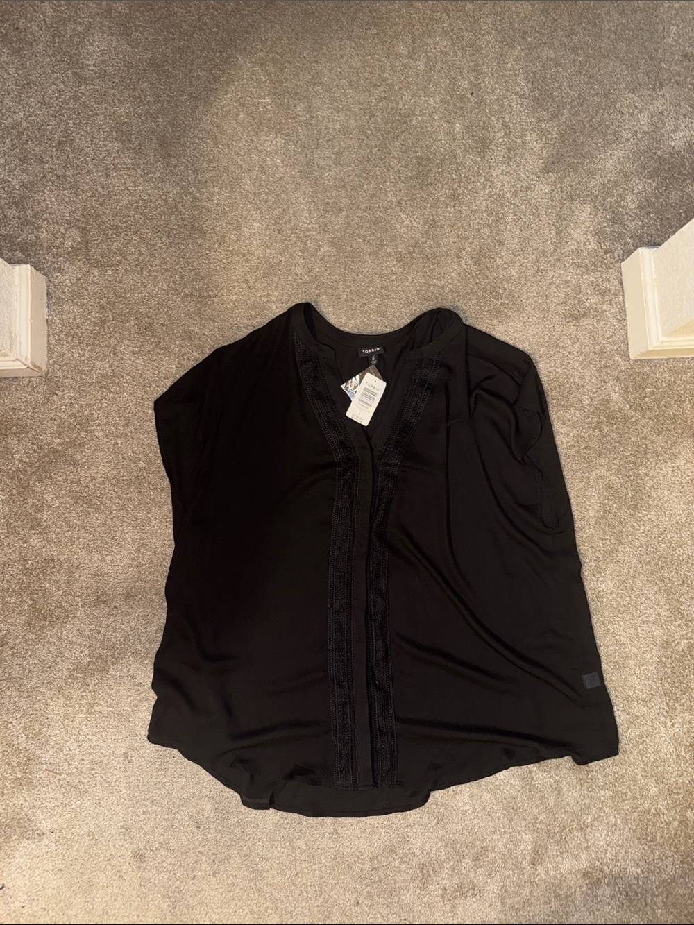 torrid Black Short Sleeve V-Neck Blouse with Lace Front Trim